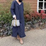 デニム好きのための岡山産セルビッジデニム裾フリンジVネックロング丈デニムワンピース