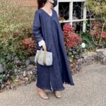 デニム好きのための岡山産セルビッジデニム裾フリンジVネックロング丈デニムワンピース