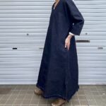 デニム好きのための岡山産セルビッジデニム裾フリンジVネックロング丈デニムワンピース