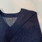 デニム好きのための岡山産セルビッジデニム裾フリンジVネックロング丈デニムワンピース