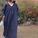 デニム好きのための岡山産セルビッジデニム裾フリンジVネックロング丈デニムワンピース
