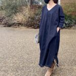 デニム好きのための岡山産セルビッジデニム裾フリンジVネックロング丈デニムワンピース
