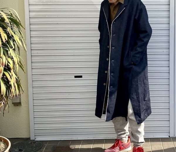 岡山デニム・セルビッジヘンプコットンロング丈ジャケット（ユニセックス）