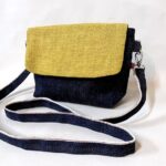 ミモザ色の麻スラブと本藍岡山デニムのバイカラーミニショルダーバッグ