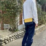 ミモザ色の麻スラブと本藍岡山デニムのバイカラーミニショルダーバッグ