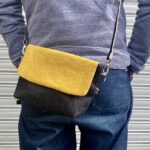 ミモザ色の麻スラブと本藍岡山デニムのバイカラーミニショルダーバッグ