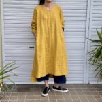 麻スラブ（麻100%ラミー）Vネックロング丈ワンピース-ミモザ