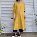 麻スラブ（麻100%ラミー）Vネックロング丈ワンピース-ミモザ