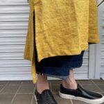 麻スラブ（麻100%ラミー）Vネックロング丈ワンピース-ミモザ