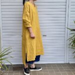 麻スラブ（麻100%ラミー）Vネックロング丈ワンピース-ミモザ