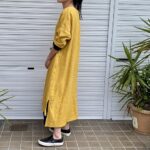 麻スラブ（麻100%ラミー）Vネックロング丈ワンピース-ミモザ