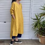 麻スラブ（麻100%ラミー）Vネックロング丈ワンピース-ミモザ