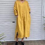 麻スラブ（麻100%ラミー）Vネックロング丈ワンピース-ミモザ