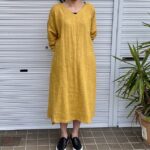 麻スラブ（麻100%ラミー）Vネックロング丈ワンピース-ミモザ