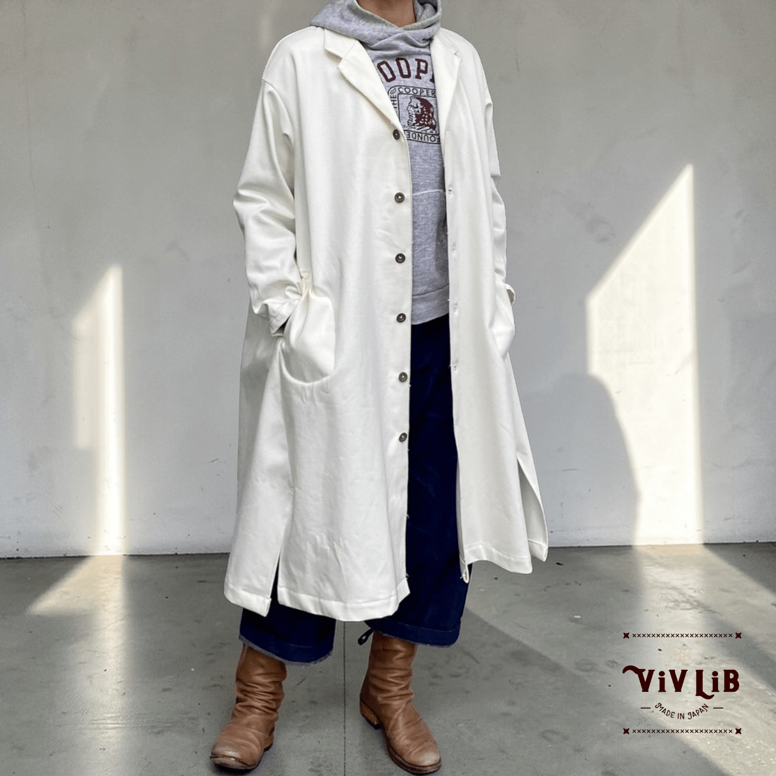 岡山セルビッジホワイトデニム12ozユニセックスロング丈ジャケット