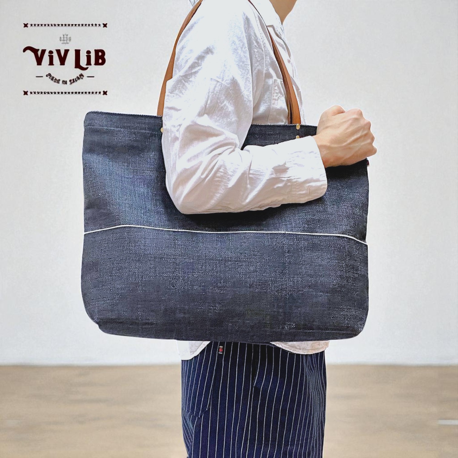 特大デニムトート・セルビッチ岡山デニム×イタリア本革/丈夫で上品、男女兼用、大容量・一泊旅行にも