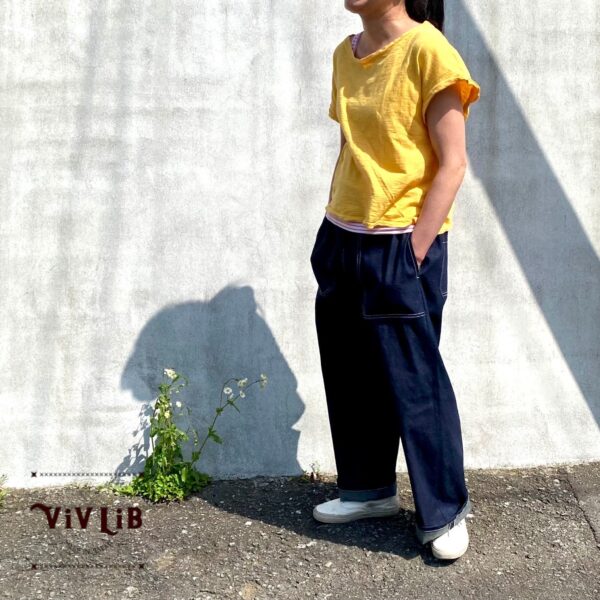 岡山セルビッジデニム ワイドイージーパンツ（白ステッチ）