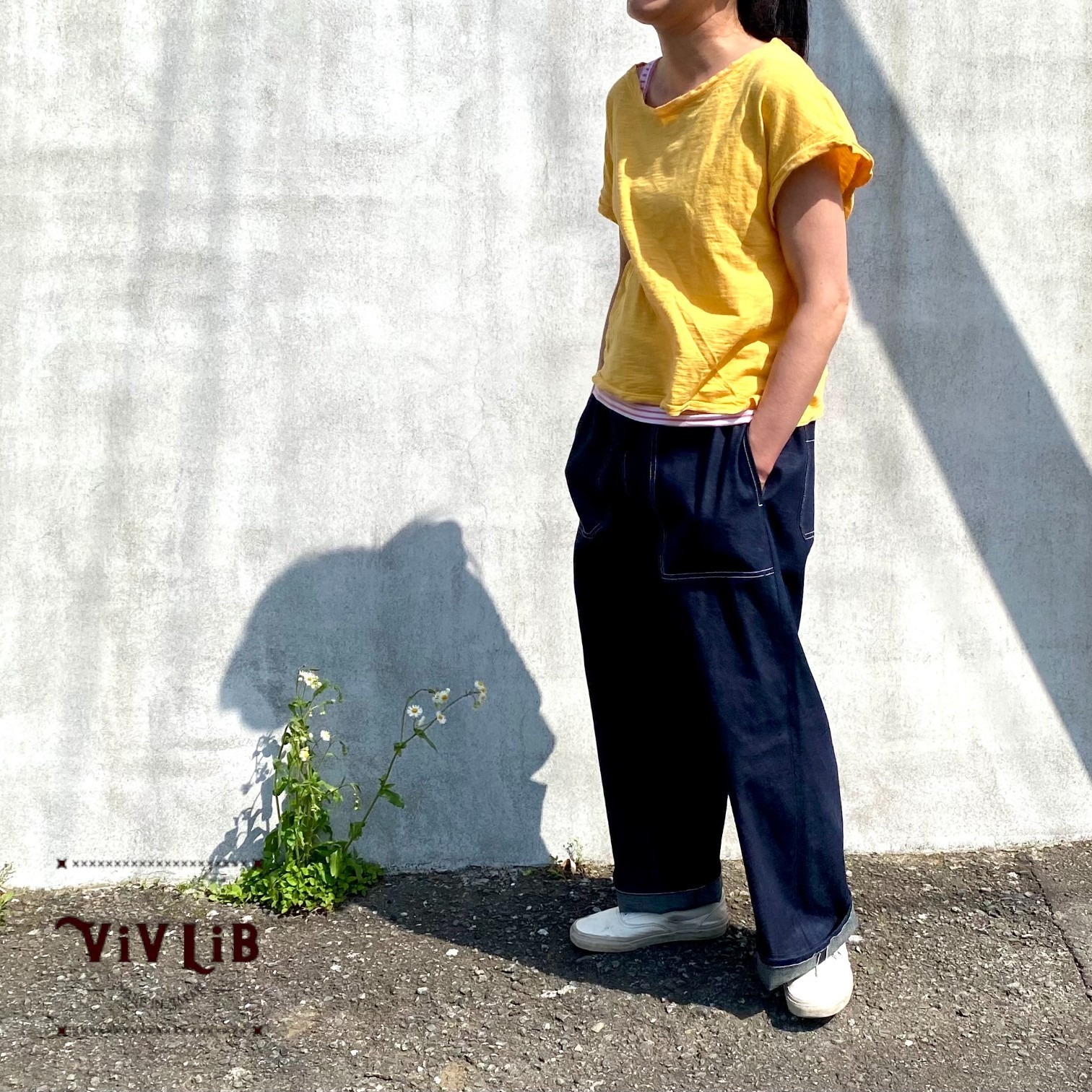 岡山セルビッジデニム ワイドイージーパンツ(白ステッチ)