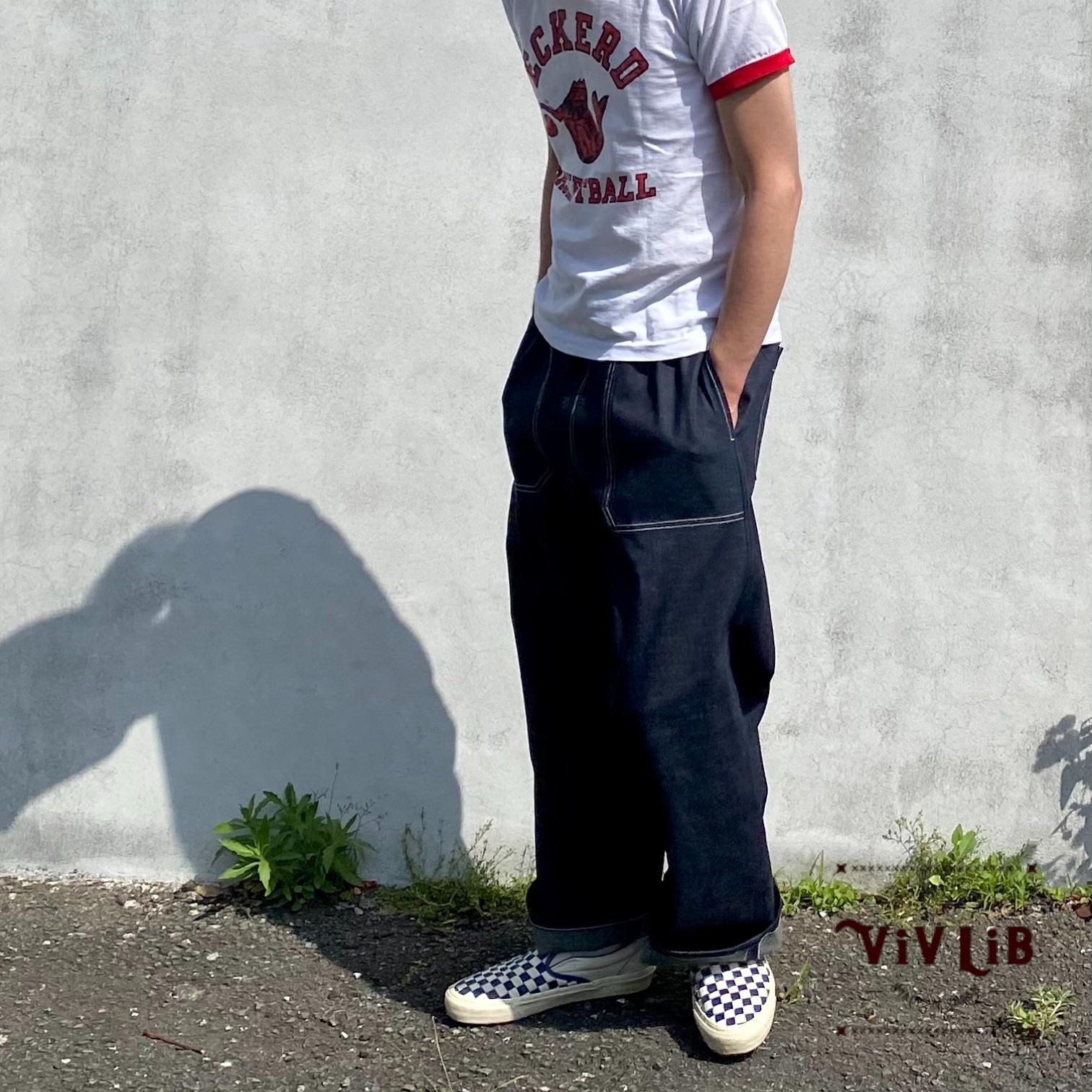 岡山セルビッジデニム ワイドイージーパンツ(白ステッチ)