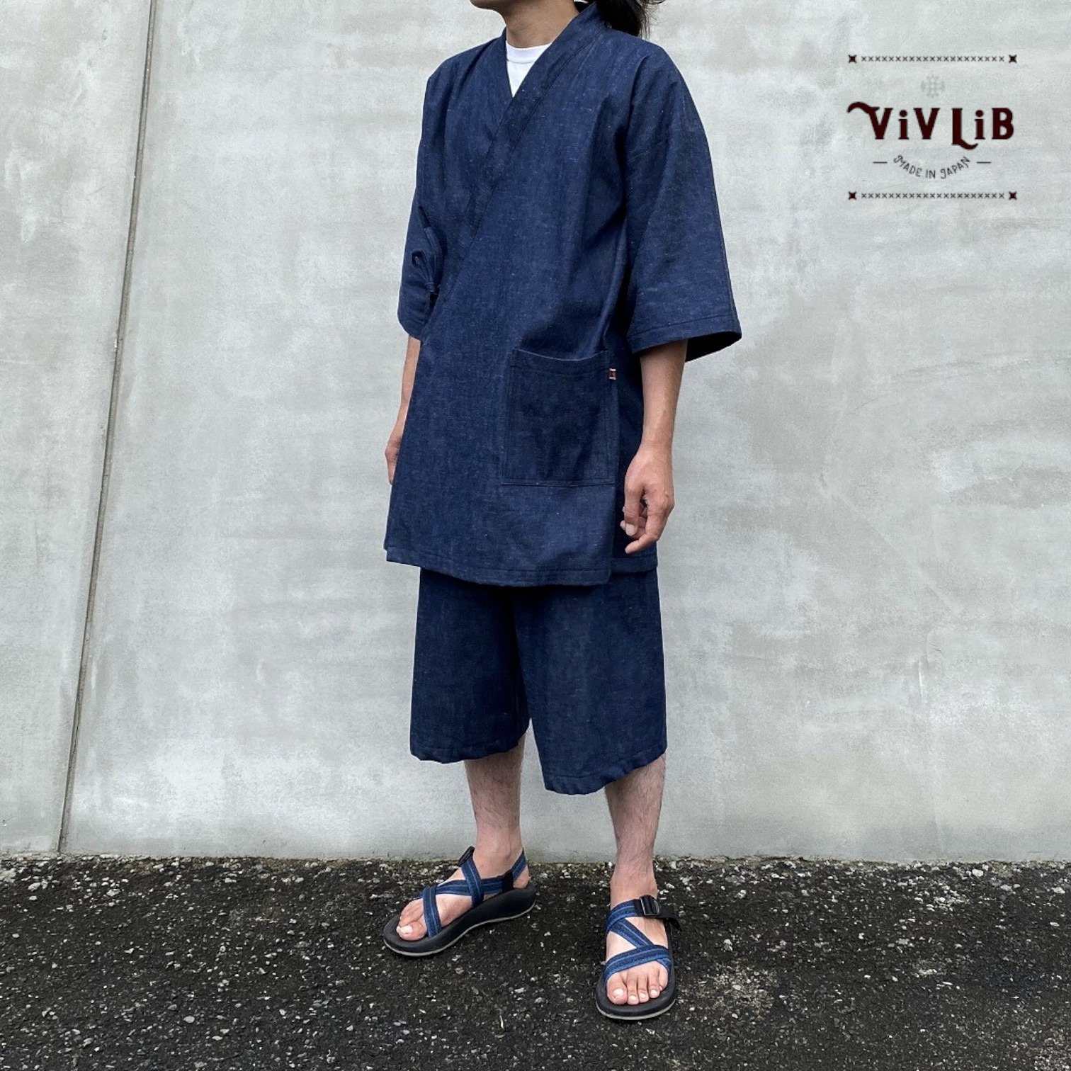 岡山産セルビッジデニム大人用甚平(ユニセックス)・9.5oz・/S〜XL/お祭り、普段着、休日スタイルに。