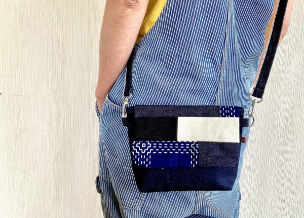 藍染め刺し子×岡山デニム×倉敷帆布のパッチワークミニショルダーバッグ