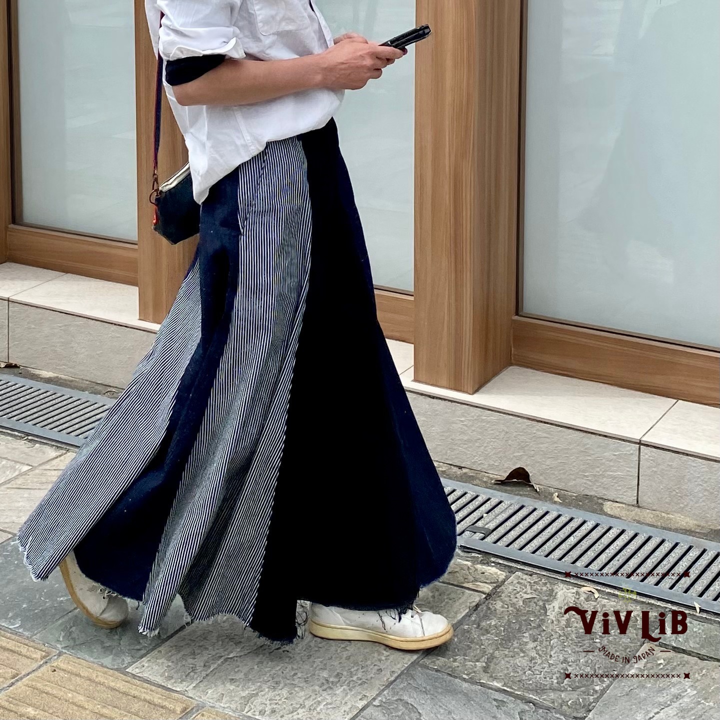 岡山デニムのクレイジーパターンマキシ丈スカート|サイズ・デザインカスタム可|上質セルビッチデニムのゆるっとマーメイド