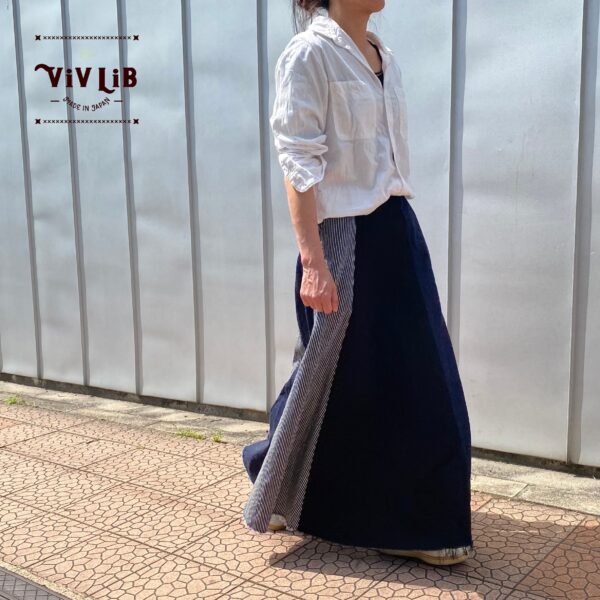 岡山デニムのクレイジーパターンマキシ丈スカート｜サイズ・デザインカスタム可｜上質セルビッチデニムのゆるっとマーメイド