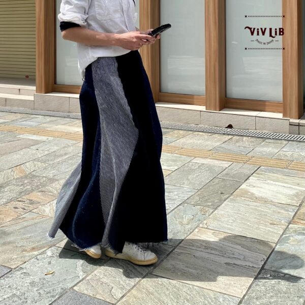 岡山デニムのクレイジーパターンマキシ丈スカート｜サイズ・デザインカスタム可｜上質セルビッチデニムのゆるっとマーメイド