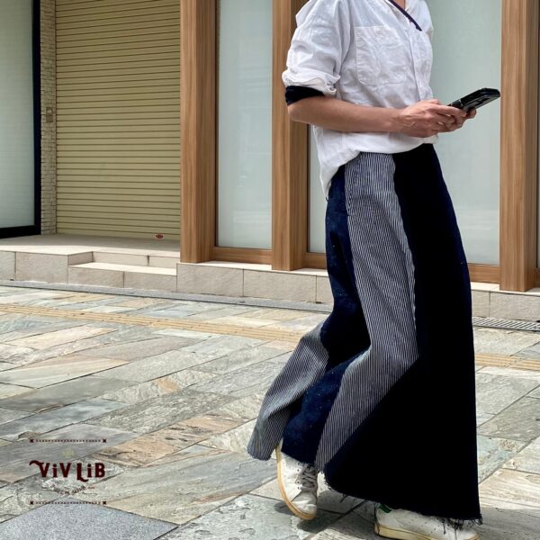 岡山デニムのクレイジーパターンマキシ丈スカート｜サイズ・デザインカスタム可｜上質セルビッチデニムのゆるっとマーメイド