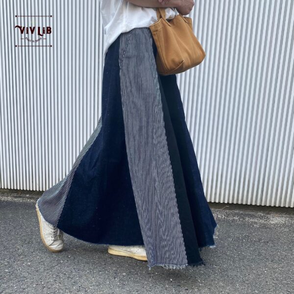 岡山デニムのクレイジーパターンマキシ丈スカート｜サイズ・デザインカスタム可｜上質セルビッチデニムのゆるっとマーメイド