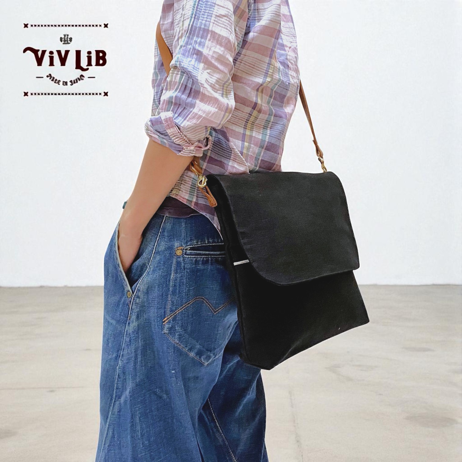 岡山セルビッチ黒デニム×イタリアンレザーメッセンジャーバッグ