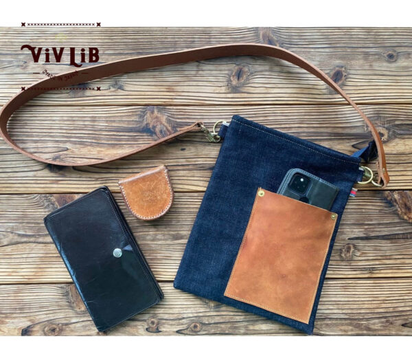 セルビッチデニム×革ポケットのサコッシュ・13.5oz・スマホショルダー