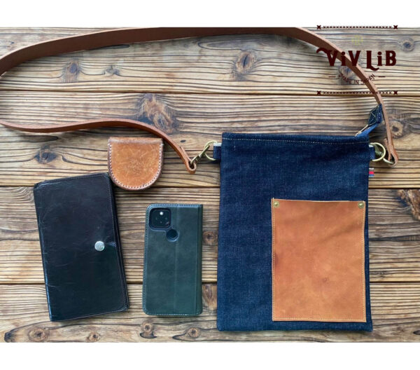セルビッチデニム×革ポケットのサコッシュ・13.5oz・スマホショルダー