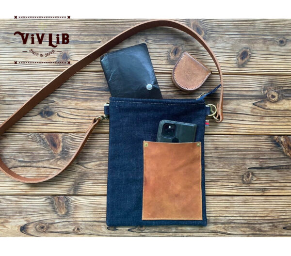 セルビッチデニム×革ポケットのサコッシュ・13.5oz・スマホショルダー