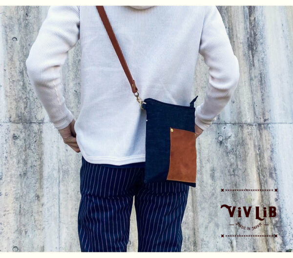 セルビッチデニム×革ポケットのサコッシュ・13.5oz・スマホショルダー