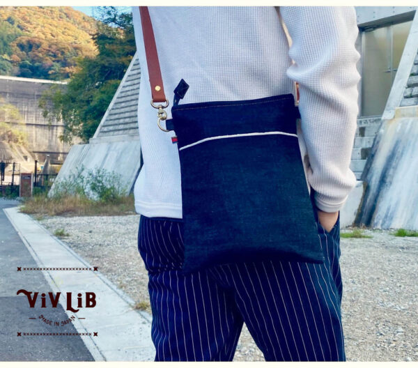 セルビッチデニム×革ポケットのサコッシュ・13.5oz・スマホショルダー