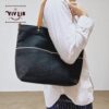 岡山セルビッチブラックデニム×イタリアンレザートートバッグ