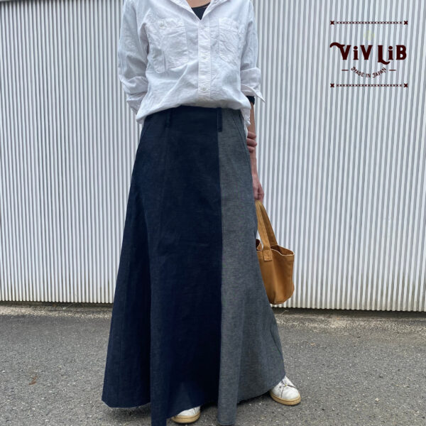 岡山デニムのバイカラーマキシスカート｜サイズ・デザインカスタム可｜上質セルビッチデニムのゆるっとマーメイド