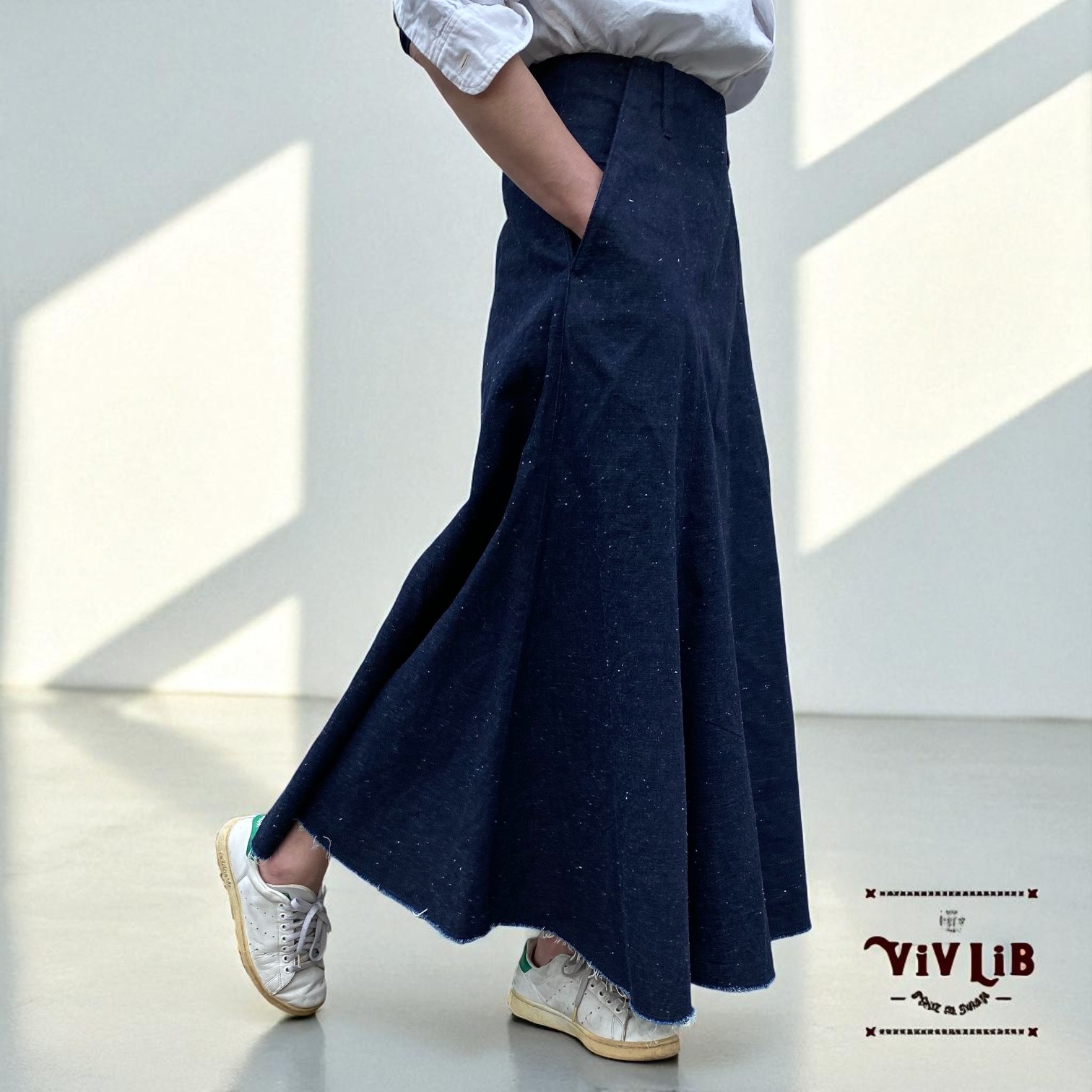 岡山デニムのマキシスカート｜サイズ・デザインカスタム可｜上質セルビッチデニムのゆるっとマーメイド